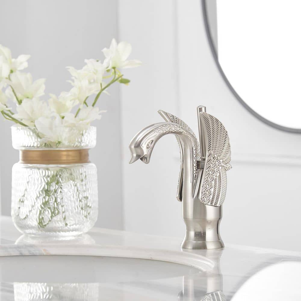 Brushed Nickel Swan Single Handle Bathroom Faucet with Pop Up Drain