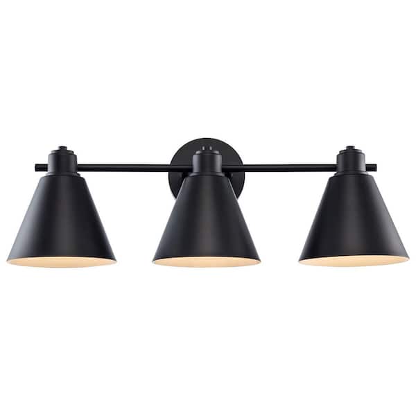 Bel Air Lighting Forge 24 in. 3-Light Black Bathroom Vanity Light Fixture with Metal Cone Shades