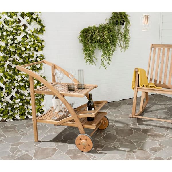 Lodi Natural Brown Acacia Wood Outdoor Bar Cart with Wheels