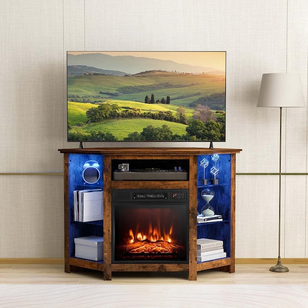 Brown TV Stand Fits TV's up to 50 in. with Led Lights and 18 in. Electric Fireplace