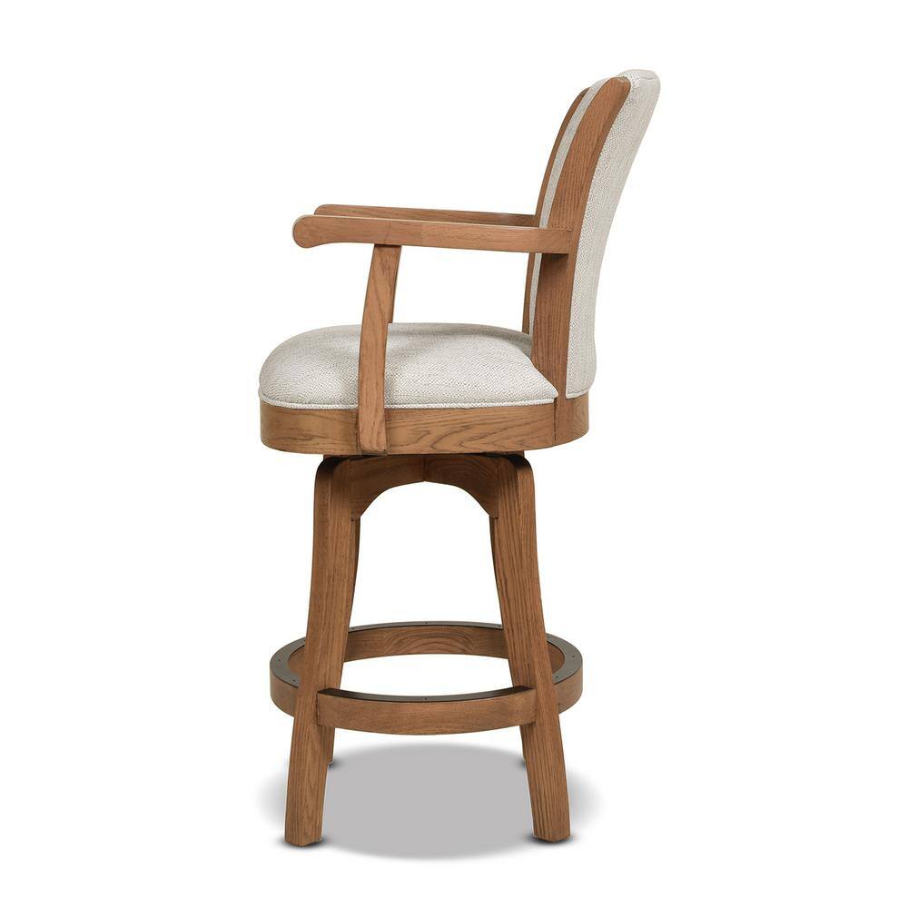 Classic Farmhouse 27" White Leather Swivel Bar Stool with Oak Arms