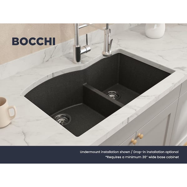 Campino Duo Metallic Black Granite Composite 33 in. 60/40 Double Bowl Drop-In/Undermount Kitchen Sink with Strainers