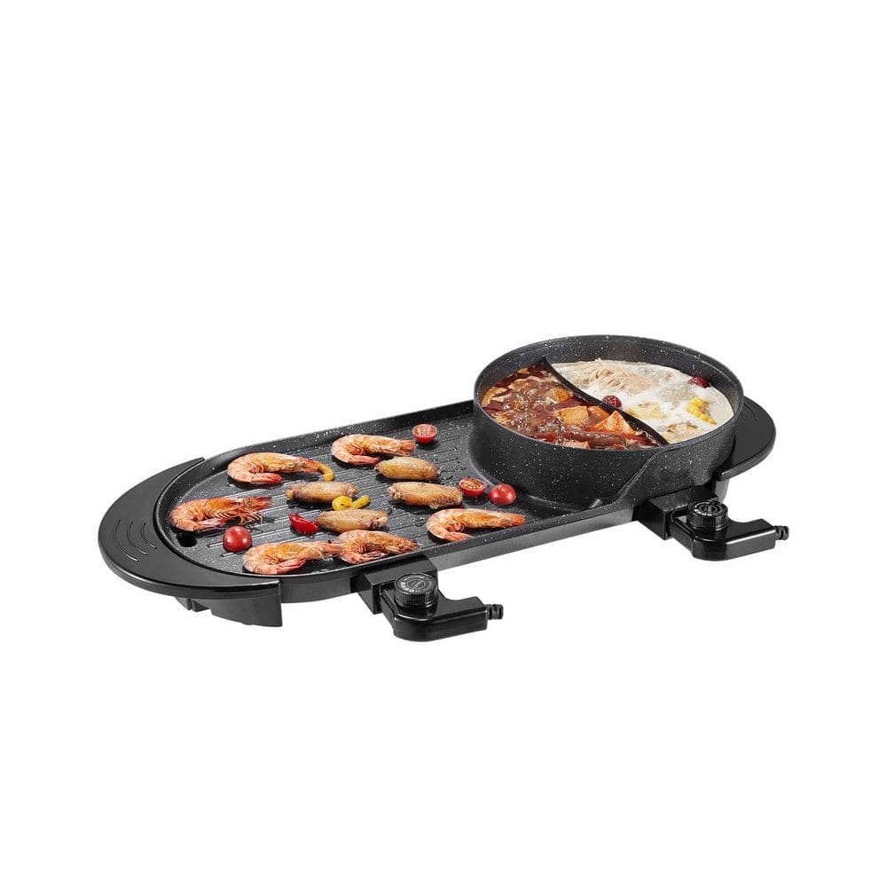 Mermajestic Electric Hot Pot en grill, elektrische hotpot pan, elektrische grill, 2-in-1, met helder deksel, indoor Koreaanse BBQ, Thaise barbecue, fondue, gourlette voor 6 personen, 5 standen, aparte