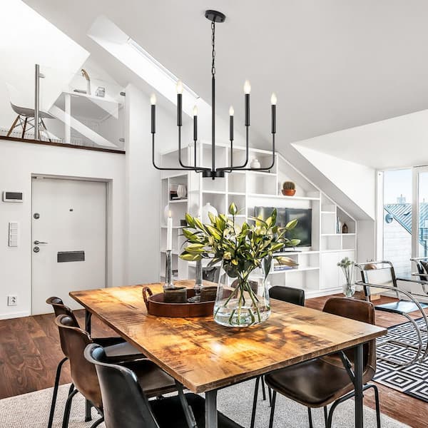 6-Light Matte Black Classic Farmhouse Candle Style Chandelier for Living Room with No Bulbs Included