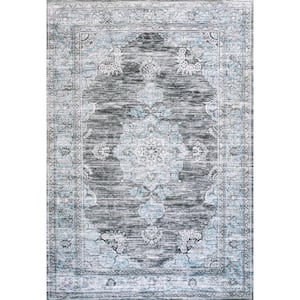 Dark Gray/Blue 3 ft. x 5 ft. Bausch Bohemian Distressed Chenille Machine-Washable Area Rug