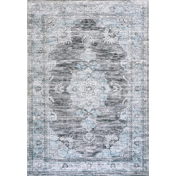 Dark Gray/Blue 3 ft. x 5 ft. Bausch Bohemian Distressed Chenille Machine-Washable Area Rug