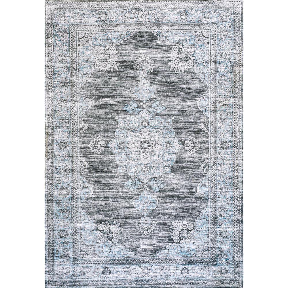 JONATHAN Y Bausch Bohemian Distressed Chenille Machine-Washable Dark Gray/Blue 5 ft. x 8 ft. Area Rug