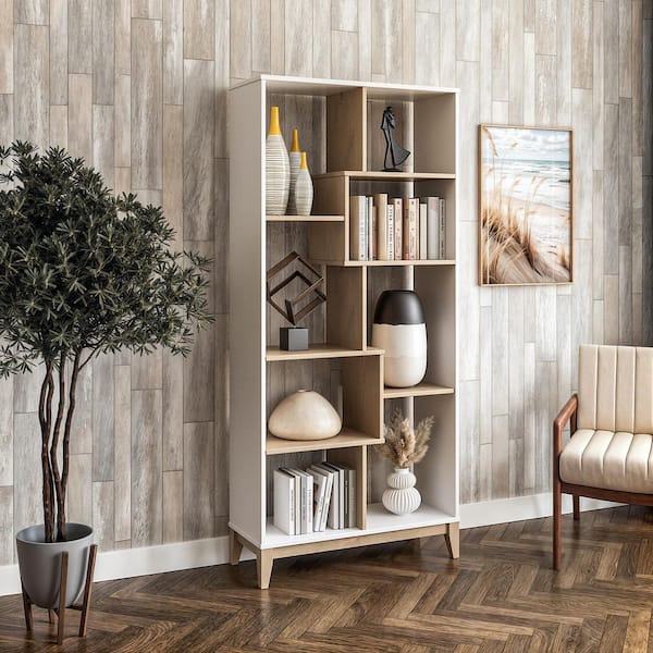 Geometrix 72 in. Tall Light Oak and White Finish Solid Wood 8-Shelf Bookcase