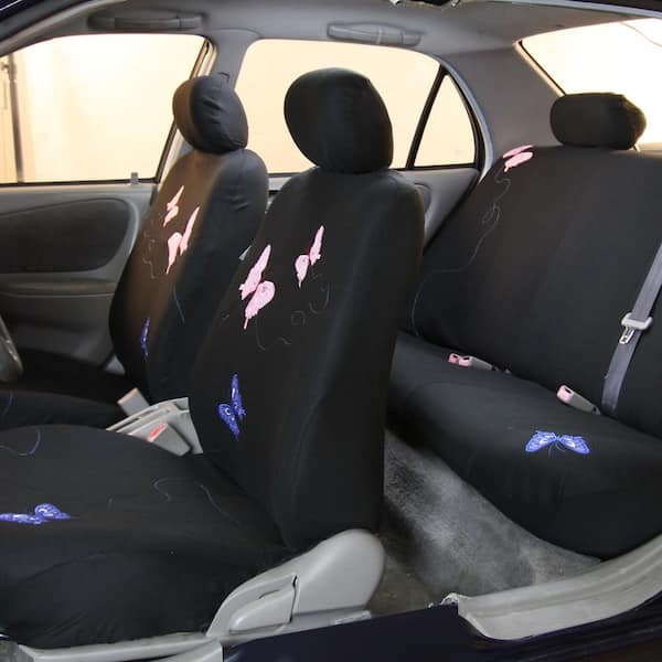 FH Group Flat Cloth 47 in. x 23 in. x 1 in. Full Set Butterfly Embroidery Seat Covers, Black