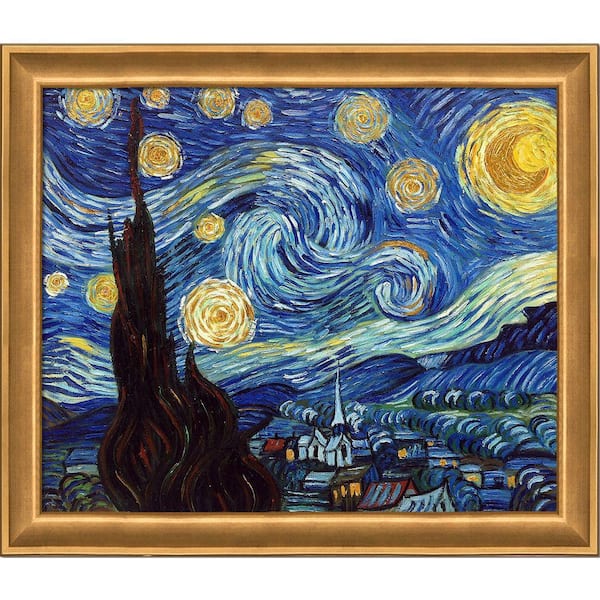 LA PASTICHE Starry Night (Luxury Line) by Vincent Van Gogh Muted Gold Glow Framed Astronomy Oil Painting Art Print 24 in. x 28 in.