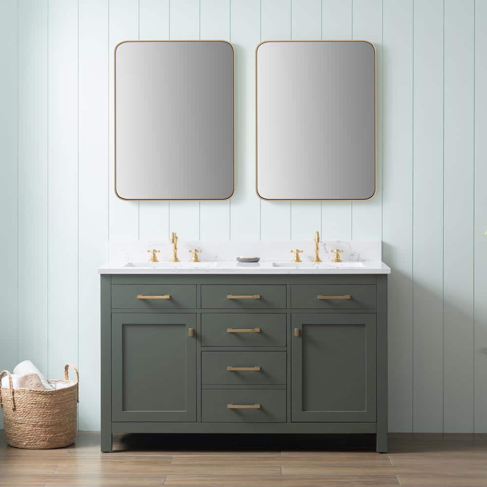 Vintage Green Double Vanity with Carrara White Top and Gold Hardware