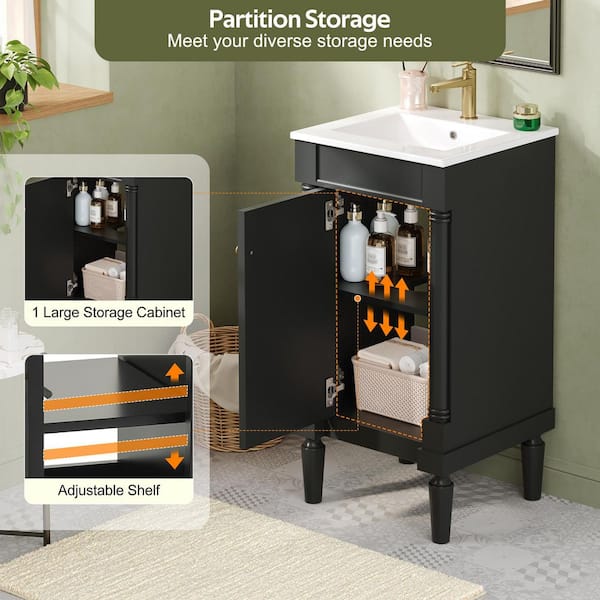 Ziyudura 18 in. Single Sink Freestanding Black Bath Vanity with