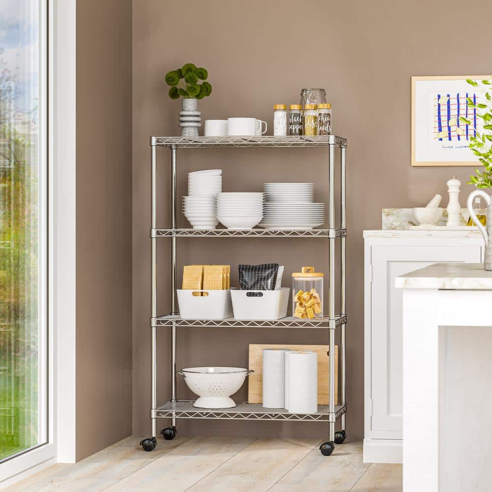 Adjustable 4-Tier Gray Steel Wire Shelving Unit with Wheels