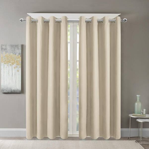 Grommet Modern Polyester Solid Beige 100% Blackout Bedroom Window Curtain Drape 