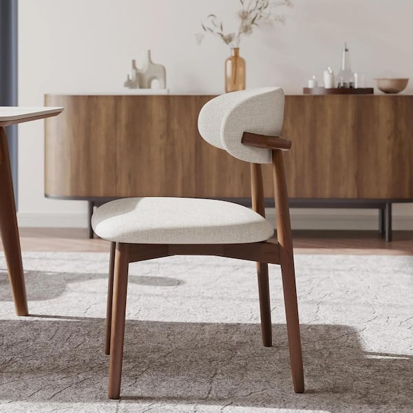 Mid-Century Modern Walnut and Beige Polyester Upholstered Curved Back Dining Chairs with Solid Wood Frame, (Set of 2)