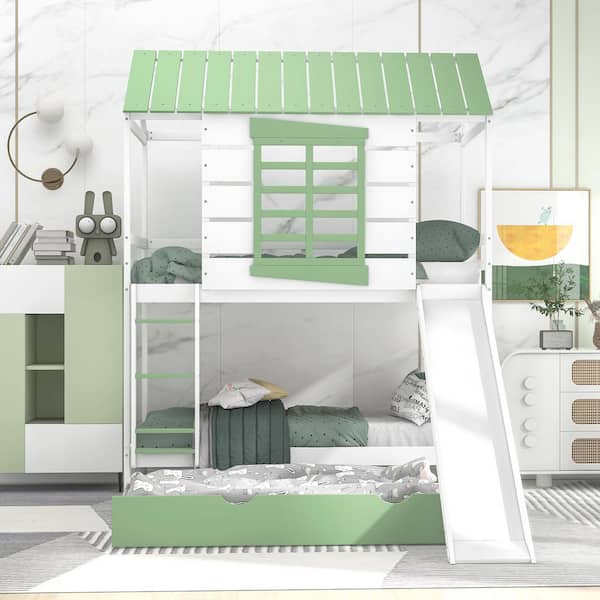 White & Green Twin over Twin House Bunk Bed with Convertible Slide and Trundle