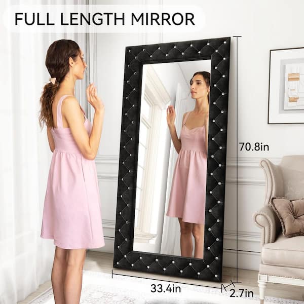 Black 33.5 in. W x 70.3 in. H Rectangle Crystal Tufted Large Floor Mirror