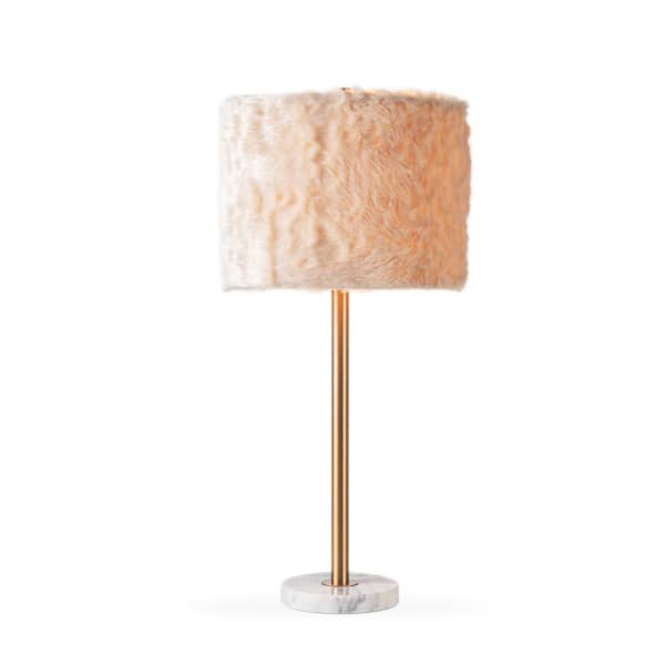 JAZAVA 27 in. H Maudestine Luxury Marble Bedside Brass Table Lamp with Faux Fur Shade