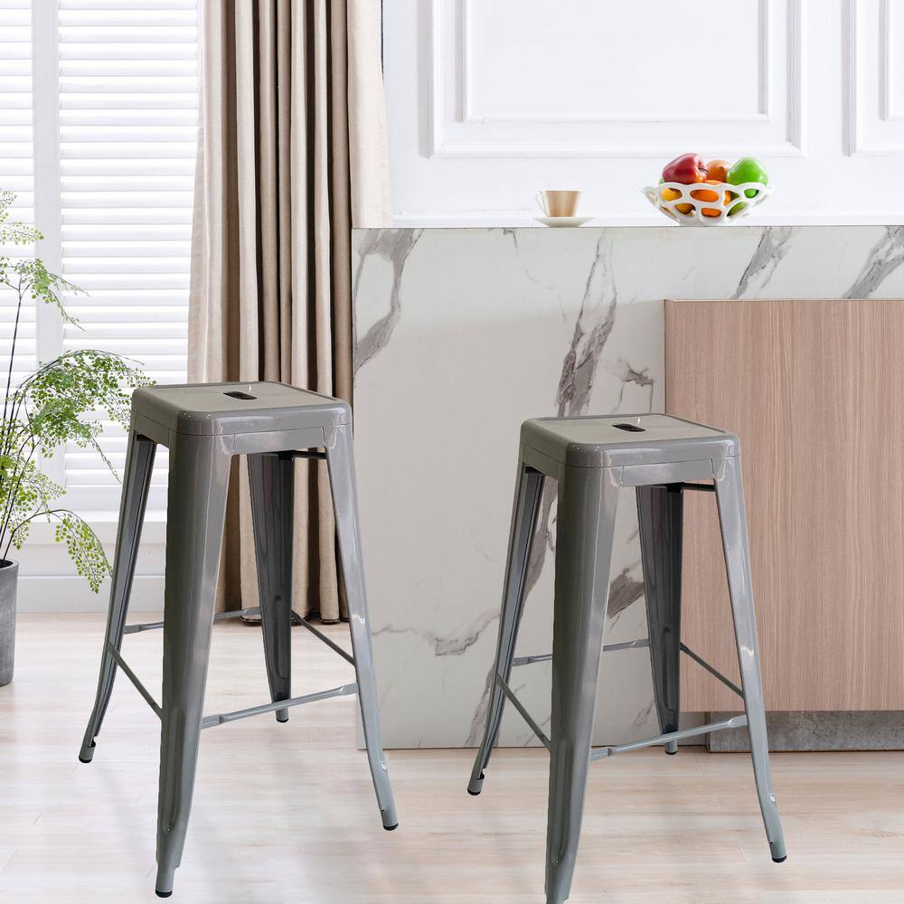 Kypton Gray Metal Armless Indoor/Outdoor Bar Stools, Set of 2