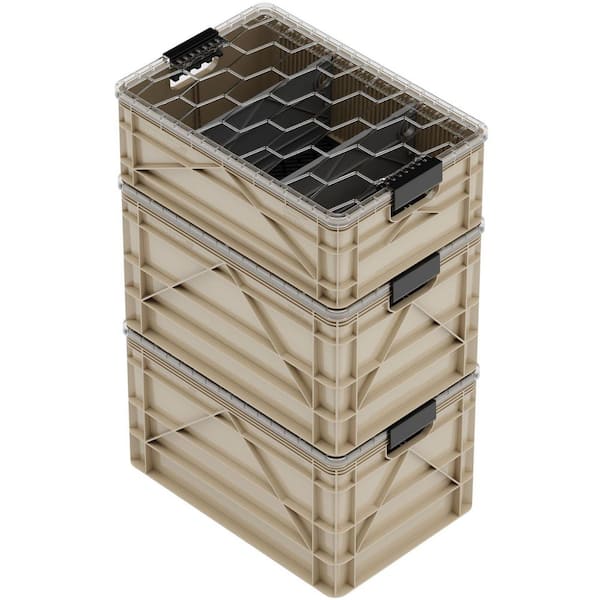 Crate Pro Pack 2 Full-Size & 1 Half-Size Heavy Duty Stackable Storage Bins with Lids, Dividers and Mats Tan