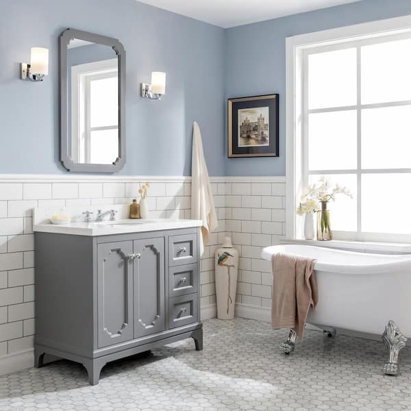 Queen 36 in. Bath Vanity in Cashmere Grey with Quartz Carrara Vanity Top with Ceramics White Basins and Mirror