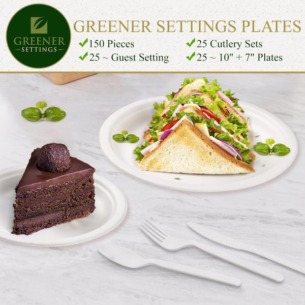 GREENER SETTINGS 10/7 in. White Compostable Disposable Paper Plate Set Plus  Cutlery [25 Guest Service] 150RD10-07CUT - The Home Depot