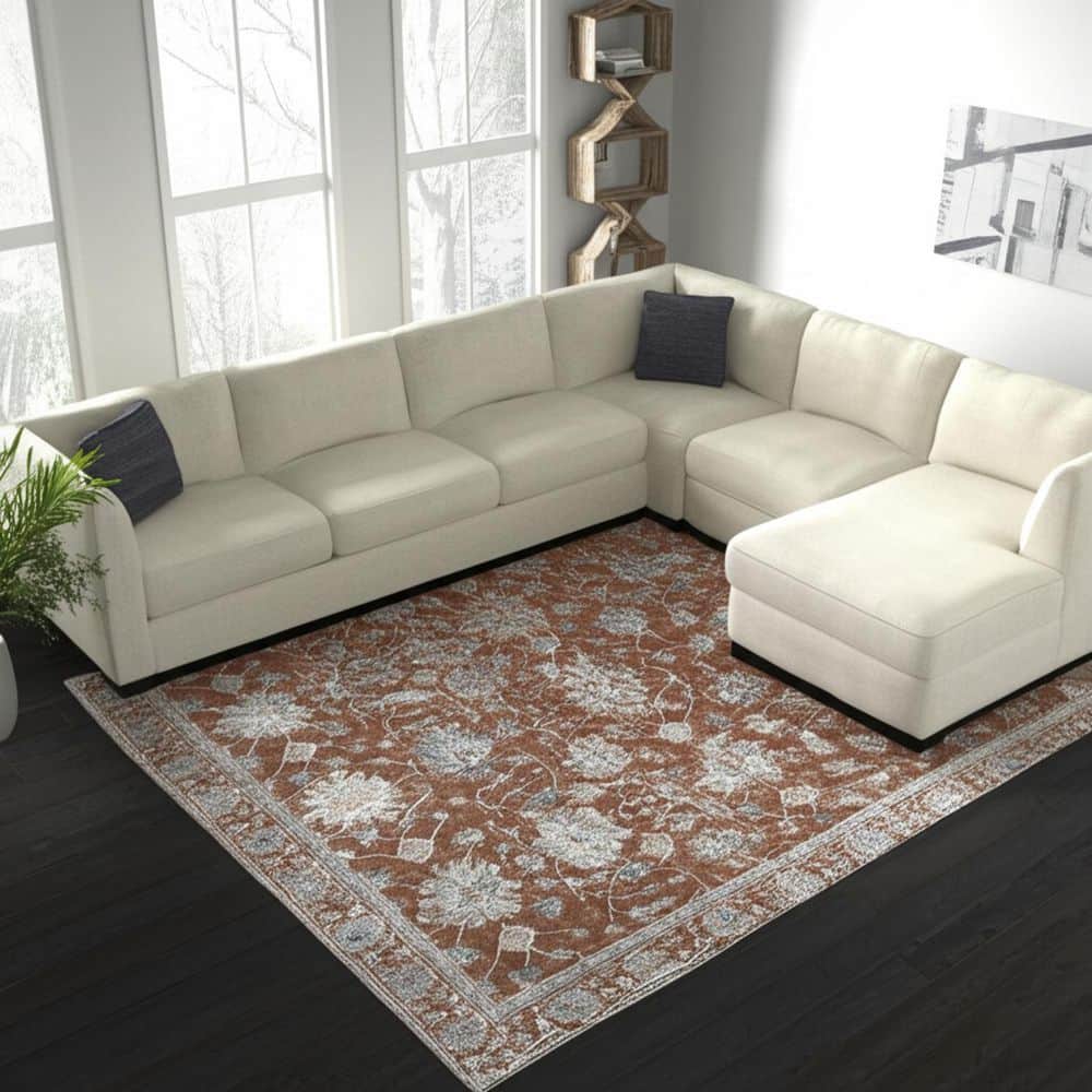 9' X 13' Red Ivory And Blue Floral Distressed Area Rug With Fringe price history on PriceWatchPro
