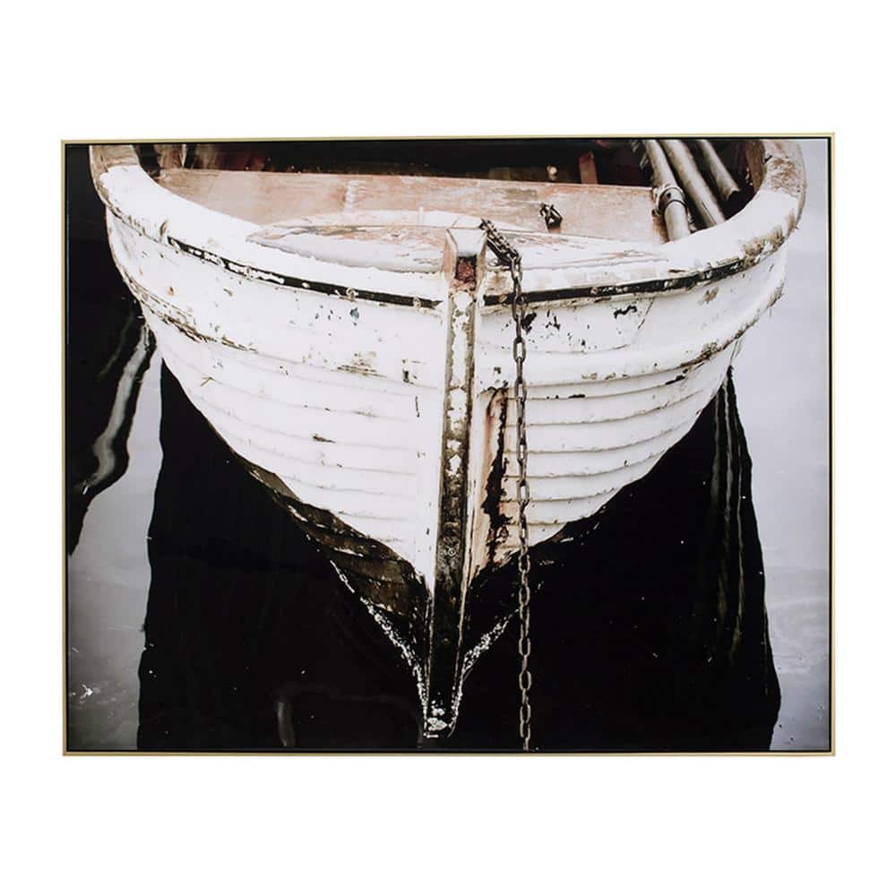Large Black and White Boat Canvas Painting with Fir Wood Frame