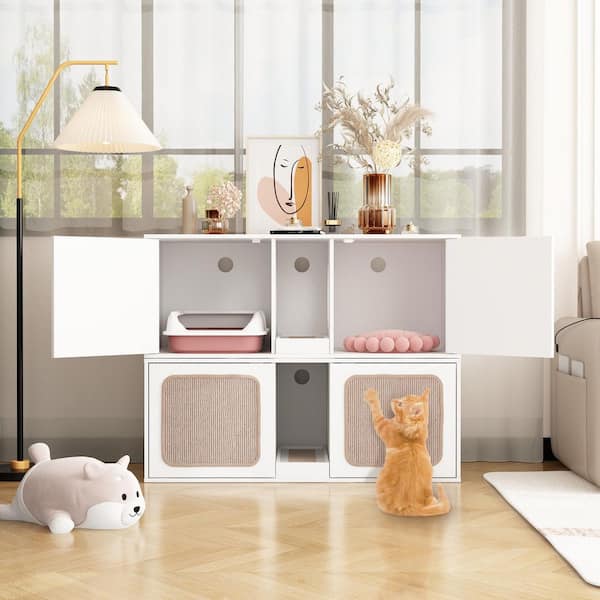 Wooden Hidden Cat Litter Box with 2 Sisal Doors, Litter Box Enclosure Washroom Storage Cabinet Bench End Table