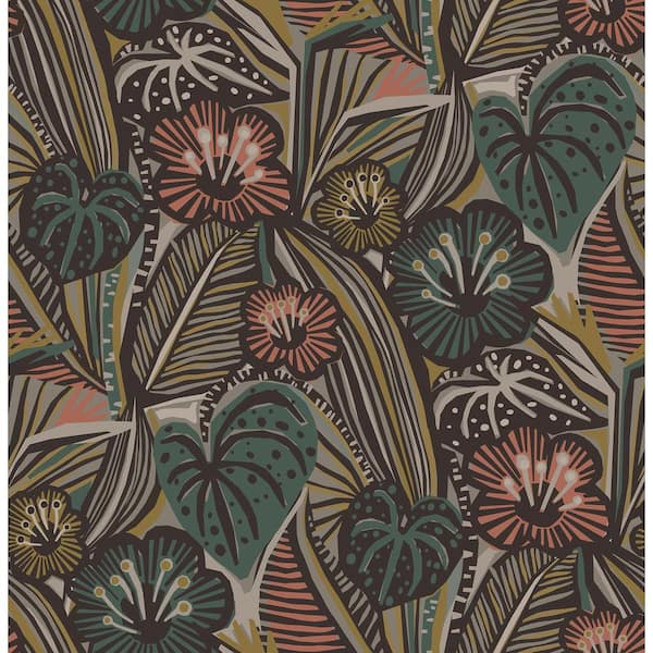 NuWallpaper Coral Teal Lotusland Peel and Stick Wallpaper Sample