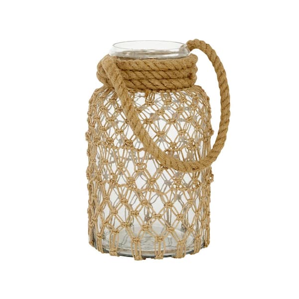 12 in. H Clear Glass Decorative Candle Lantern with Rope Handle