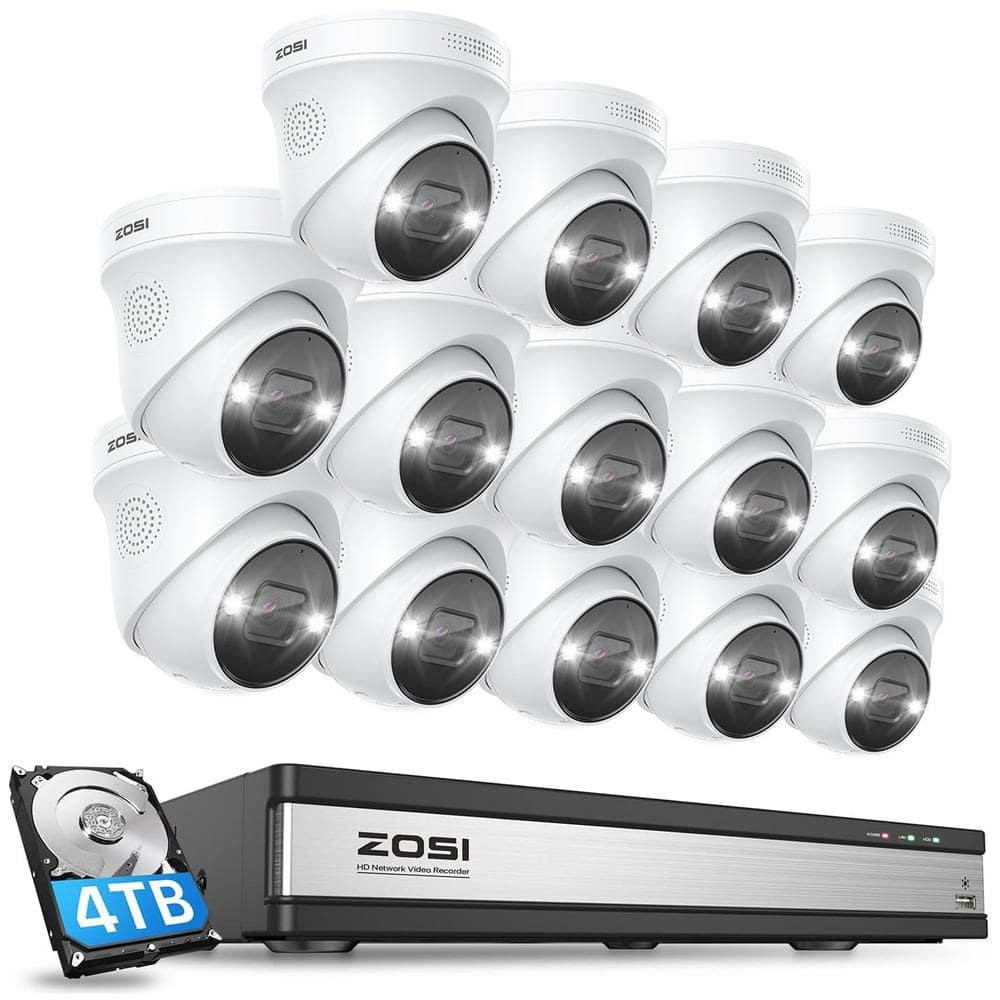 ZOSI 16-Channel 4K Ultra HD 8MP POE 4TB NVR Security Camera System with 14X 8MP Wired Spotlight Cameras, 2-Way Audio, White