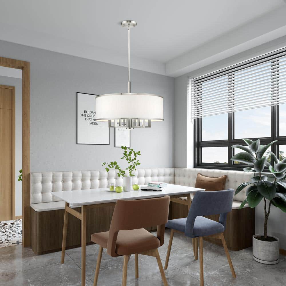 Brushed Nickel 6-Light Drum Chandelier with Off-White Fabric Shade