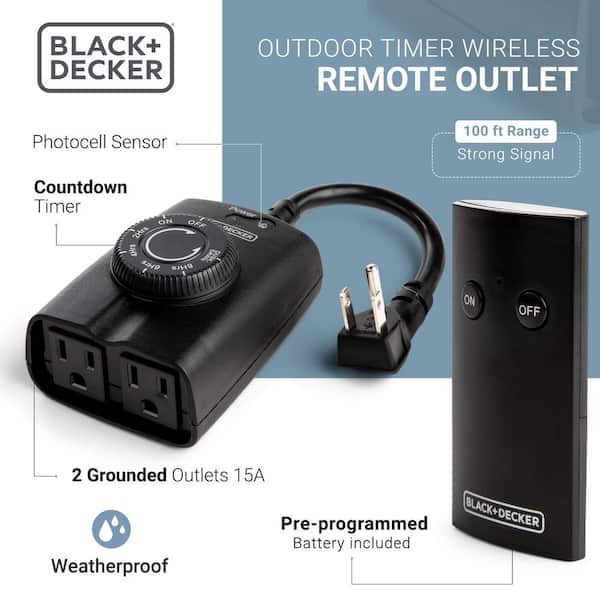 BLACK+DECKER Outdoor Wireless Outlet with Remote 2 Grounded Outlets  Photocell Sensor BDXPA0011 - The Home Depot