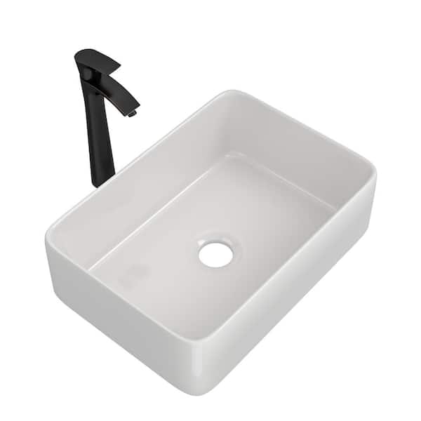 Sarlai Bathroom Sink 19 in. White Ceramic Rectangular Vessel Sink Art Basin with Faucet in Oil Rubbed Bronze