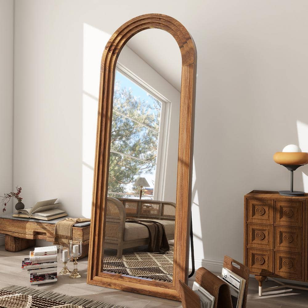 XRAMFY 64 in. H x 21 in. W Arched Classic Brown Wood Framed Full