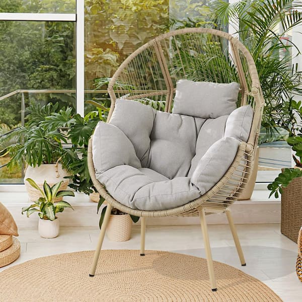Patio Yellow Wicker Egg Chair Outdoor Lounge Chair with Beige Cushion