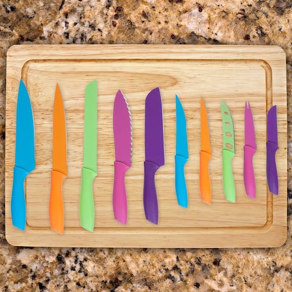  Rainbow Kitchen Knife Set Non Stick Knives Set with Block Thick  Blade Cutlery Knife Block Sets Chef Sharp Quality for Home & Pro Use Best  Gift (Blue Handle- Rugged Blue Blade)