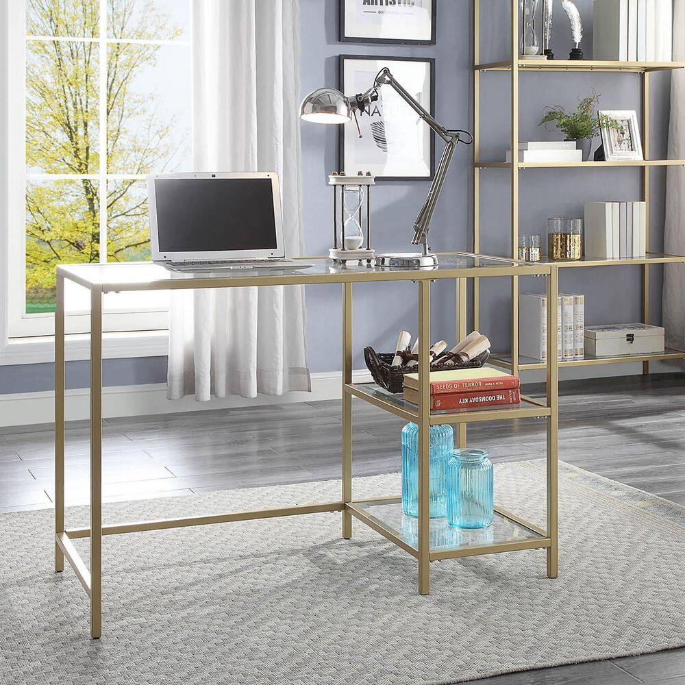 Marcello Modern Gold Metal Frame Desk with Clear Glass Top