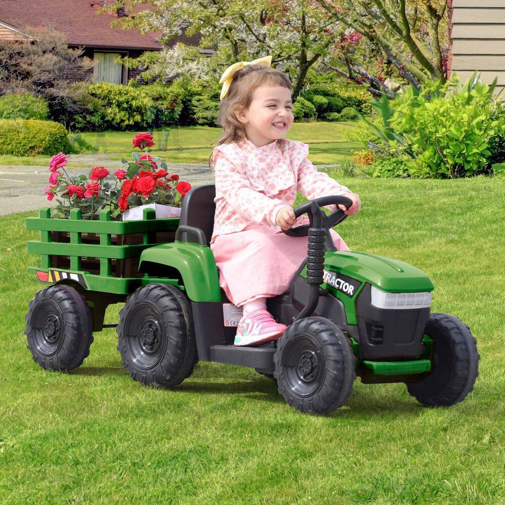 12V Green Ride-On Tractor with Trailer and LED Lights
