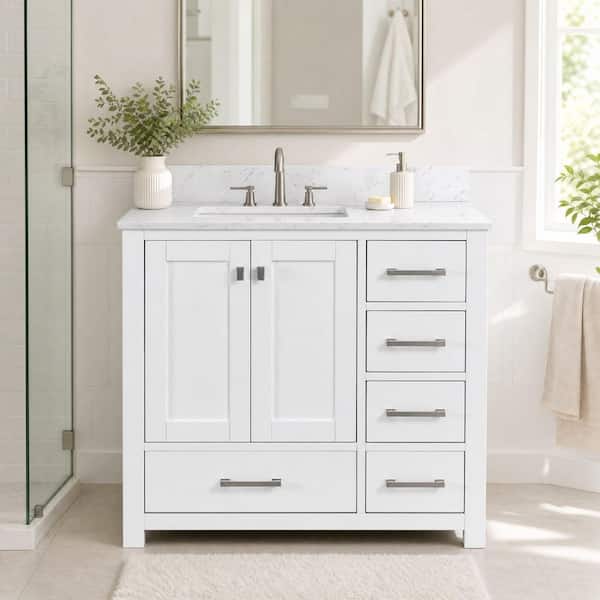 36 in. Solid Wood Freestanding Withe Bath Vanity with Durable Carrara White Engineered Stone Top, Soft Close, Assembled