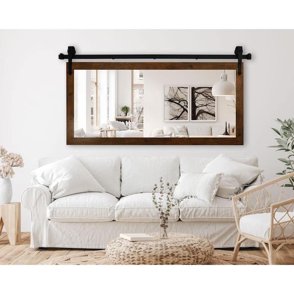 (56 in. W x 31 in. H) Light Walnut Accent Mirror with Steel Barn Door Rail