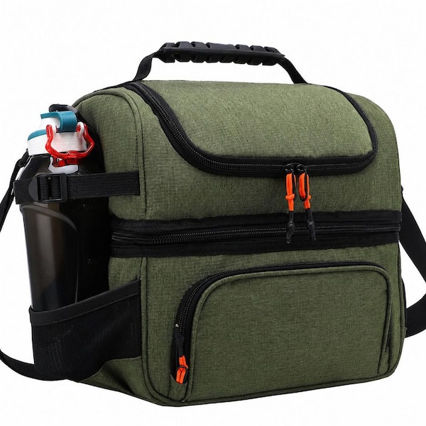 Army Green Insulated Lunch Bag Dual Compartment Reusable Cooler Tote Leakproof with Shoulder Strap for Adults