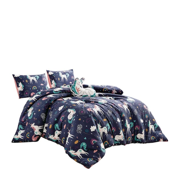 Shatex 4 Piece Full/Queen Bedding Comforter Set, Ultra Soft Polyester Elegant Bedding Comforters--Navy with Magic Unicorn