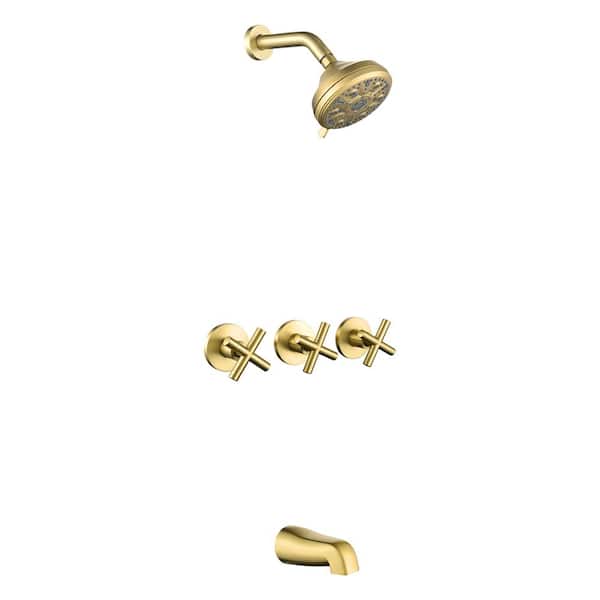 UKISHIRO Viki Triple Handle 10 Spray Patterns 1-Spray Tub and Shower Faucet 3.5 GPM in Brushed Gold Valve Included, Leak Free