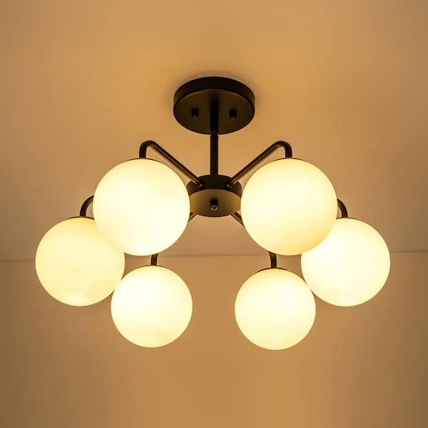 RRTYO Pollak 23.6 in. 6-Light Black Modern Sputnik Semi-Flush Mount Lights with Frosted Opal Glass Bubble Globe Shade