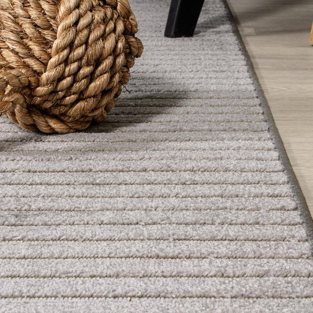 Scandi Minimalist Gray/Ivory Striped Synthetic Runner Rug 2x8