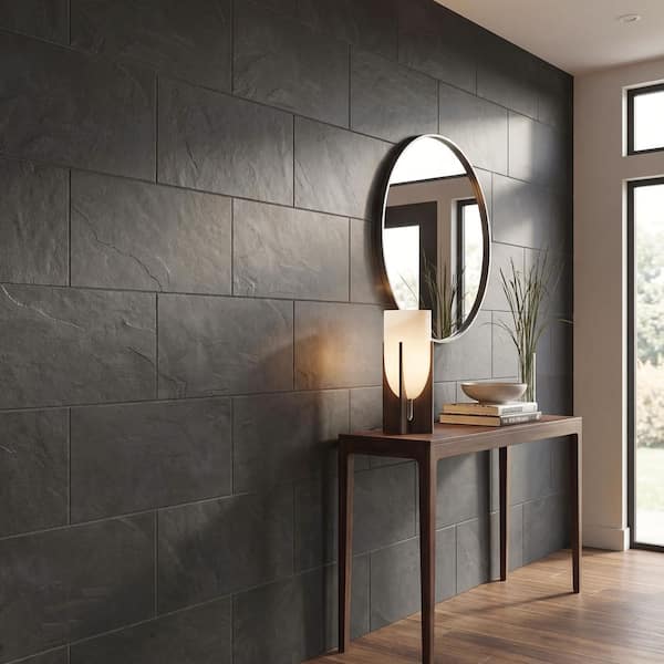 Montauk Black Slate Rectangle 12 in. x 24 in. Natural Textured Stone Look Floor and Wall Tile (10 sq. ft./Case)