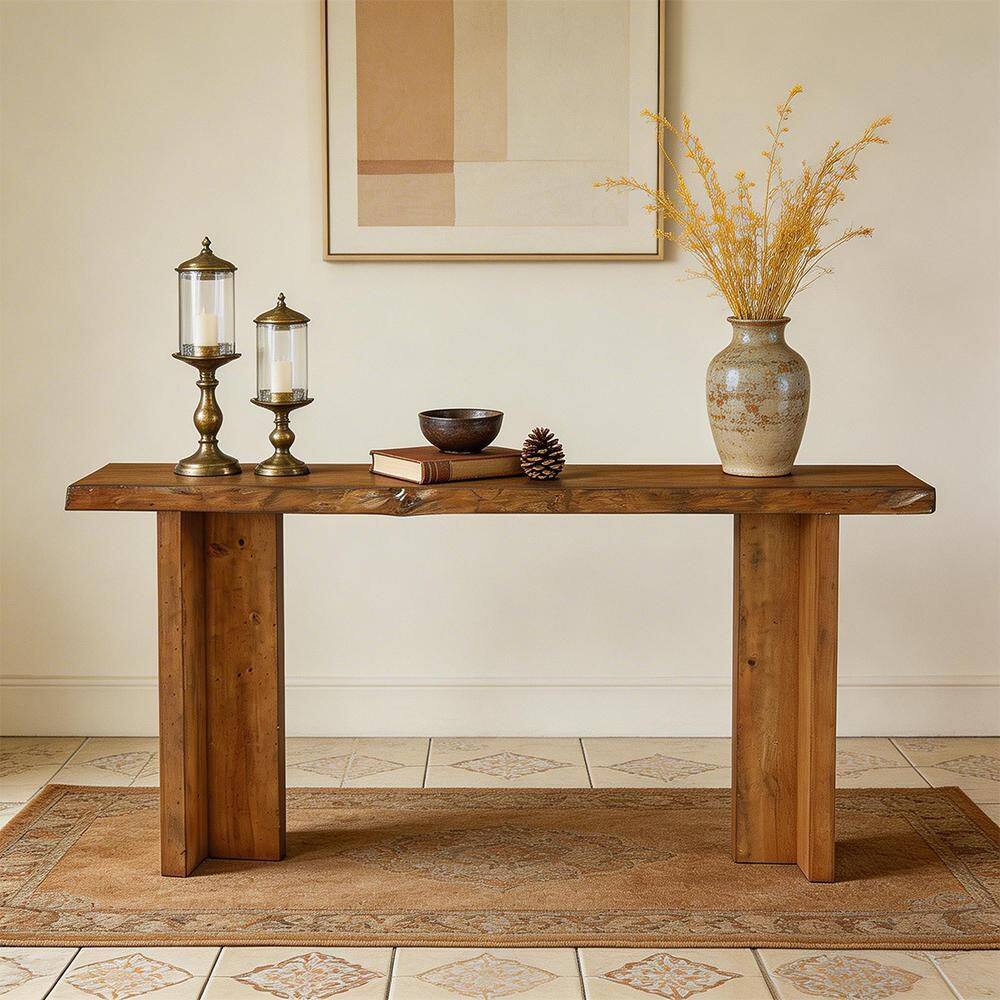 63 in. Brown Rectangle Solid Wood Console Tables , Sofa Table with Double Pedestal for Living Room