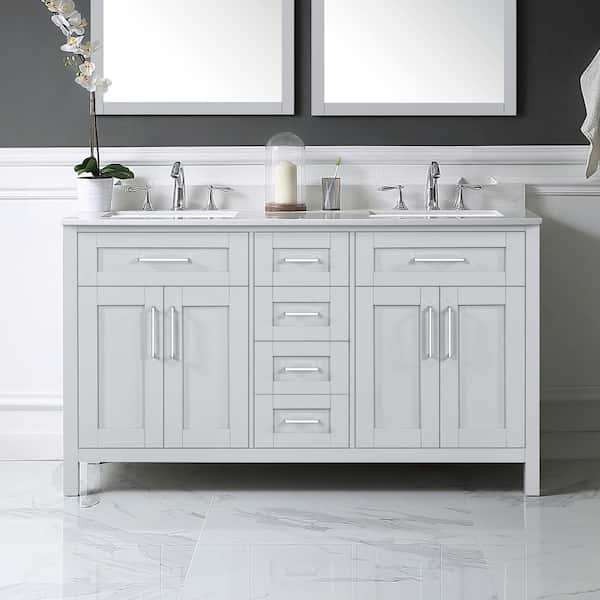 OVE Decors Tahoe 60 in. W x 21 in. D x 34 in. H Double Sink Vanity in Dove Gray with White Engineered Marble Top, Mirrors & USB